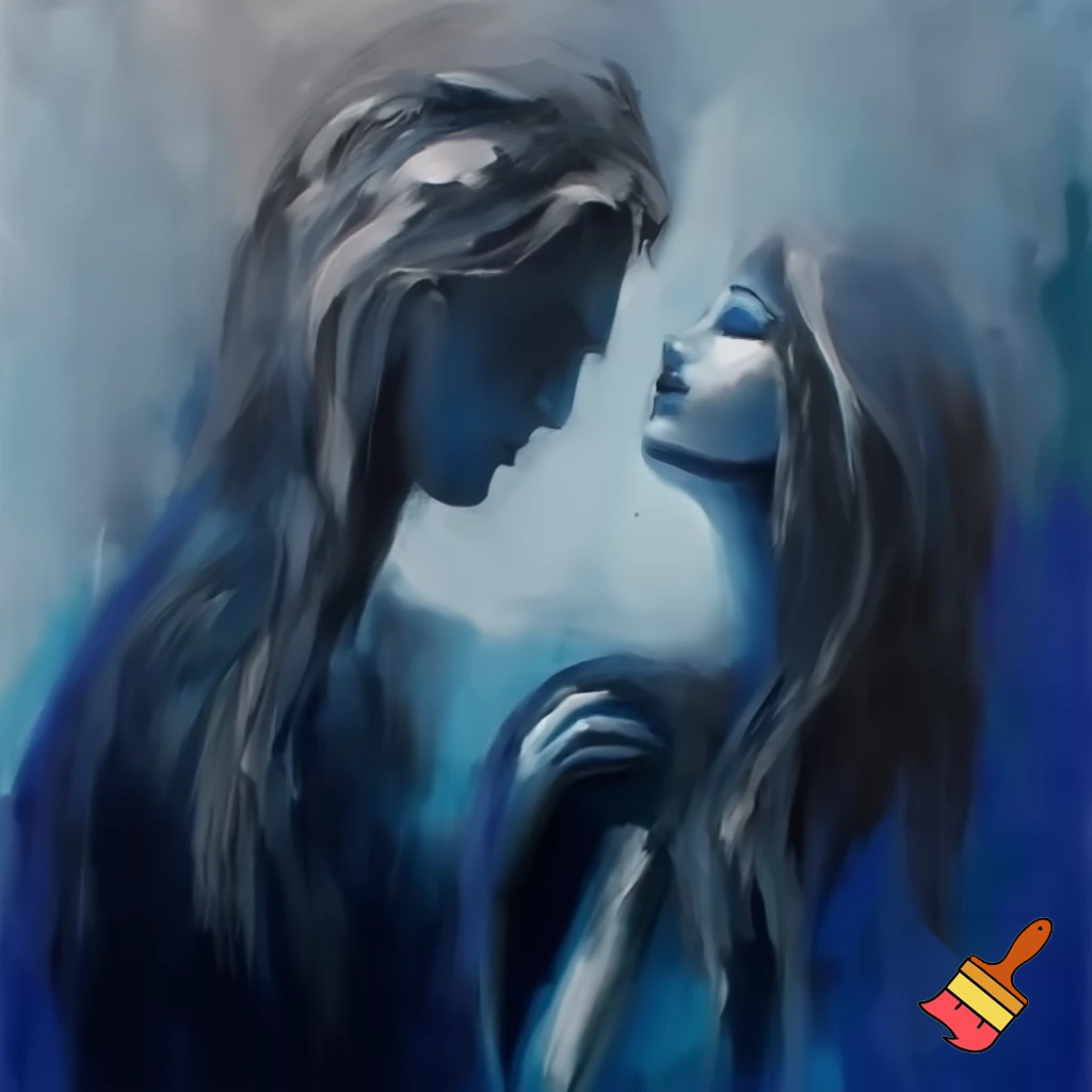acrylic painting romantic couple man and woman with a long hair love blue and grey modern abstract
