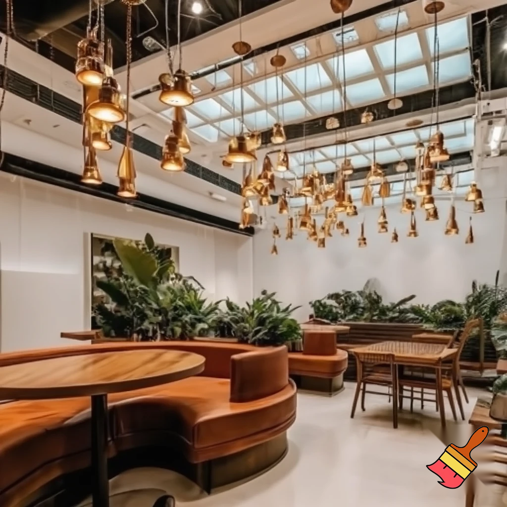 Create a modern coffee shop with lighting dangling down from the ceiling in with bronze brass colour, a curve seating area, oak brown tables, structural engineered shape glass celling with white panelling, white walls, and lighting, with plants