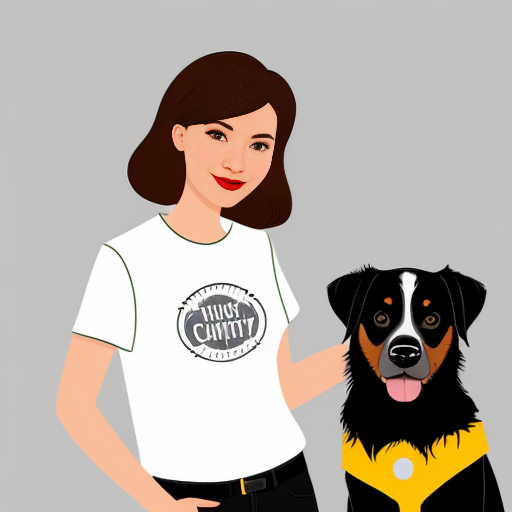 una ragazza con i capelli mossi e marroni e gli occhi azzurri vicino a un cane bovaro del bernese pelosissimo. vestiti techno .sopra la foto scrivi giulia e rock