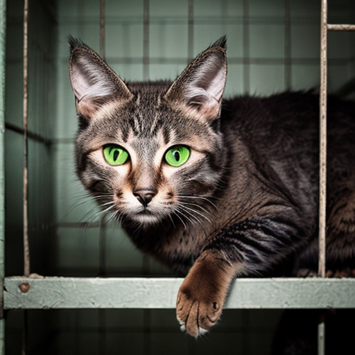 only feral cat, mugshot, dark brown fur, black details ,green eyes, malicious ,evil, wearing prison clothing