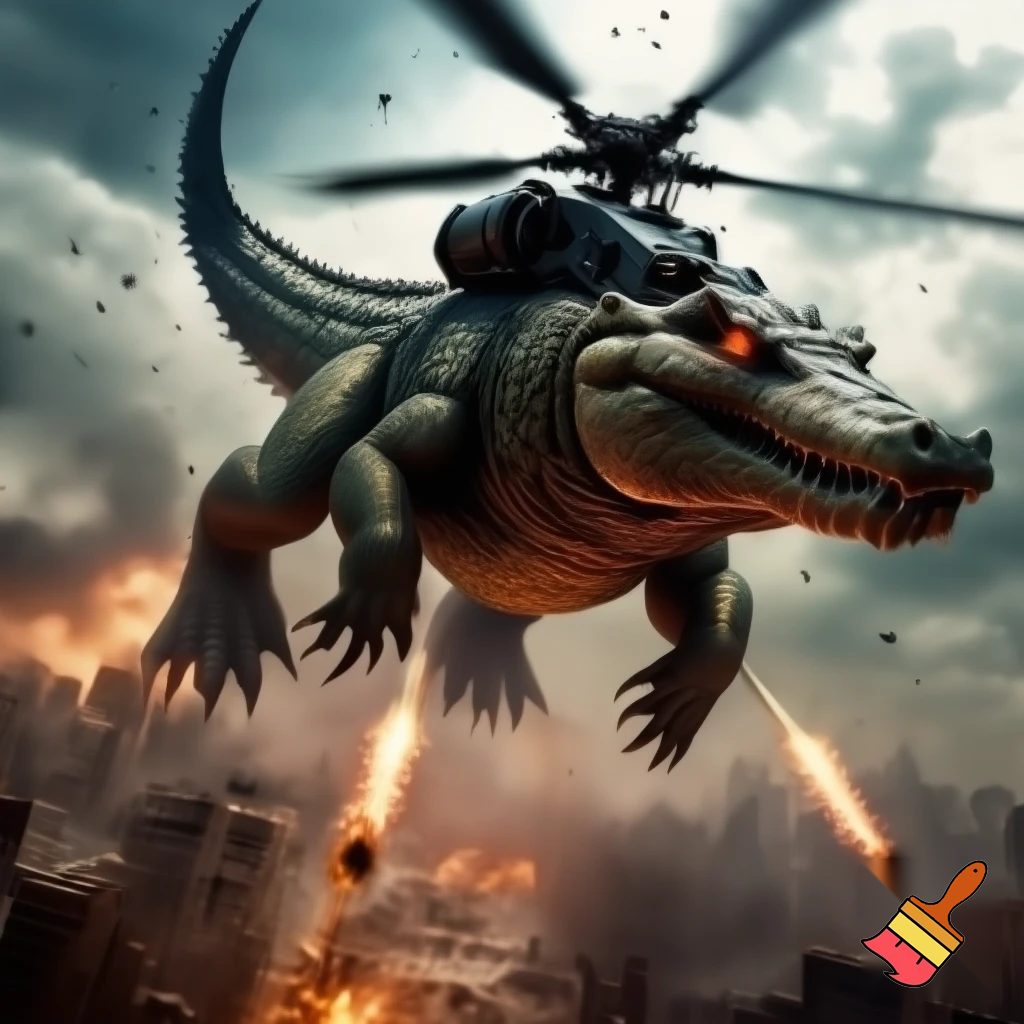 make a crocodile fused with an military helicopter bombing a city

