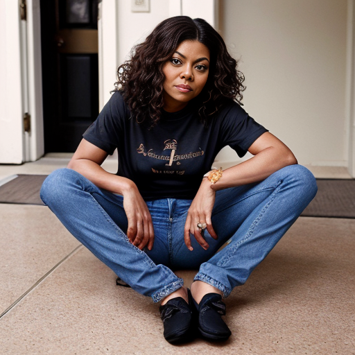 Taraji P. Henson long brown curly hair black t-shirt under t-shirt and blue jeans and black toes out shoes 
