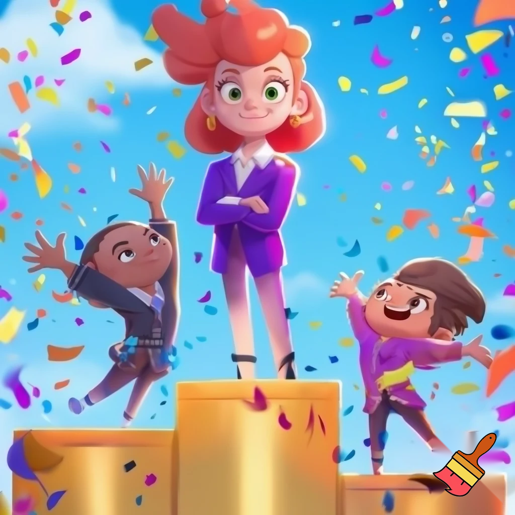 "A podium with three winners celebrating. The first-place winner is a red-haired girl with crossed arms, wearing a purple blazer and a white shirt, inspired by Marcella from the Spirit cartoon. She stands confidently on the top step. The second and third place winners are on either side, slightly lower on the podium. The scene is bright and cheerful, with a clear blue sky, confetti falling, and a lively, animated style reminiscent of cartoon illustrations. Focus on dynamic expressions and vivid colors."