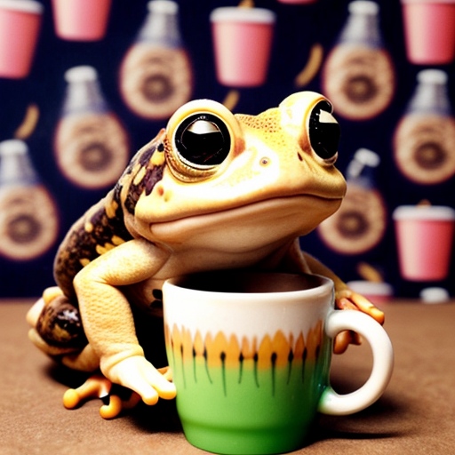 A hillarious, funny boho toad with some hippie colored coffee cups. Psychedelic decorated background.