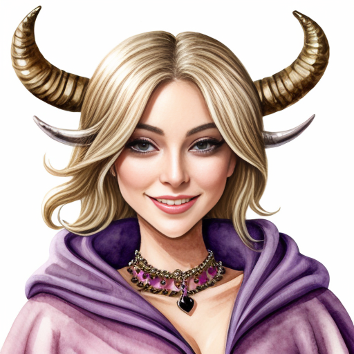 A elegantly beautiful seven-foot tall, lavender-pink skinned Tiefling with ram-like horns, long wavey blond hair and a curvaceous figure. She is dressed for a long journey on the road, with many assorted shiny bobbles worn like jewelry and as adornments on her cloak and around her waist. She has a cheerful smile and jovial ruby eyes. In the art style of a well-drawn comic or anime character.