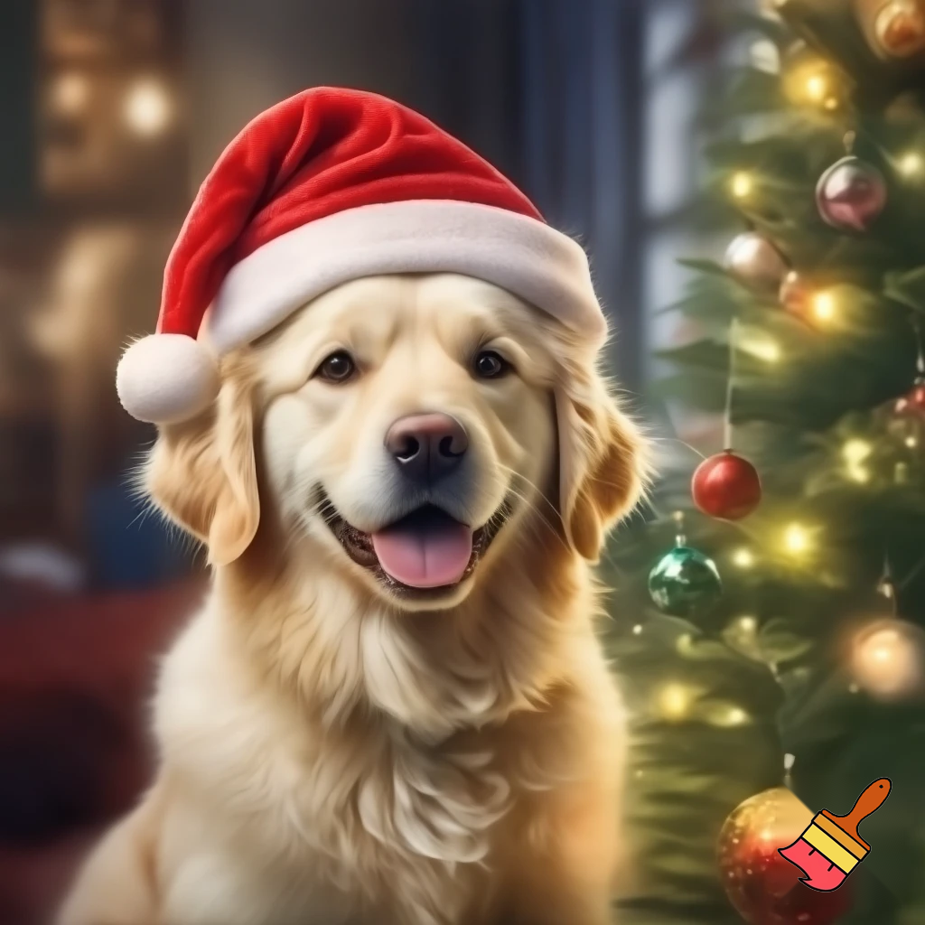 een witte golden retriever met een rode kerstmuts en een kerstboom
