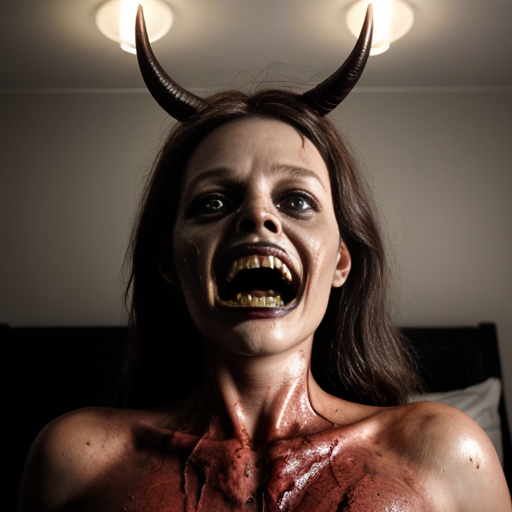 A photorealistic, high-detail cinematic shot of a woman lying on a messy white bed, looking up in terror. Thick, fleshy, worm-like tentacles are coiled around her body and emerging from under the sheets. The room is dimly lit with a deep red and muddy brown color palette. Hanging from the ceiling are grotesque, elongated demonic skulls with curved horns and dripping organic matter. On the back wall, a distorted religious icon and a crucifix are mounted. The atmosphere is heavy with dark surrealism and analog horror vibes. 8k resolution, highly detailed skin textures, dramatic shadows, grimy wall textures