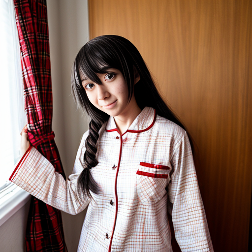 a anime girl with red plaid red pajamas and white shirt standing up


