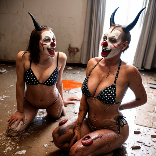 a grotesquely vibrant basement party frozen in mid-decay—sticky floors littered with shattered liquor bottles, crumpled beer cans, and smeared makeup. Under flickering red bulbs, three ancient women in sagging floral bikinis lurch across the room, their wrinkled bodies glistening with sweat under 1950s rubber Halloween masks—one a leering devil, another a weeping clown, the third a grinning cat with peeling paint. A toppled statue of Satan lies cracked near a puddle of vomit, its horns snapped off and cradled by a passed-out clown in smeared greasepaint, his polka-dot pants soaked in cheap whiskey. The walls drip with something that isn’t water, and in the corner, a half-eaten birthday cake swarms with flies, the frosting spelling out "HELP" in shaky cursive