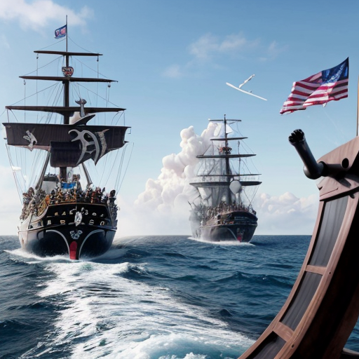 Pirate ship with pirates attacking another ship. Firing cannons and guns. Long cutlasses, peg legs and eye patches
  