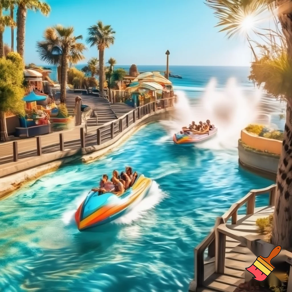 Create a realistic water boat theme park ride inspired in beachy Malibu with a fun vibe. Add path