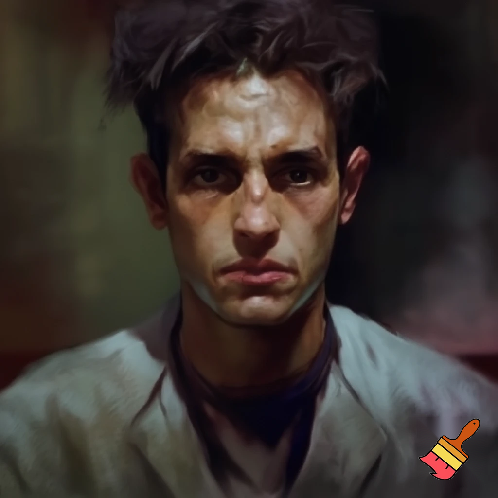 Portretul unui bărbat tânăr încă, cârciumar, fără urme de violență pe față, copleșit de vină, în boxa acuzaților, la propriul său proces. 