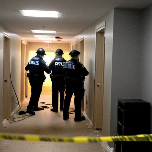POLICE ENTERING BASEMENT, FLASHLIGHT SCANNING ROOM, CRIME SCENE TAPE