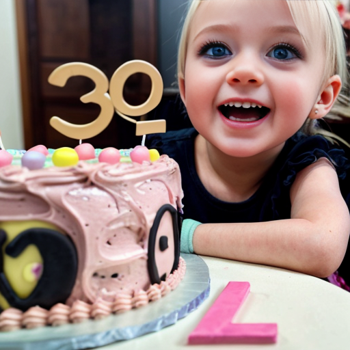 create a 2 year old daughter with blonde hair with blue eyes in pink on her birthday in front of a cake at a house 