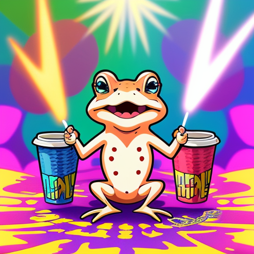 A hillarious, funny boho toad with some hippie colored coffee cups. Psychedelic decorated background. Hard style.