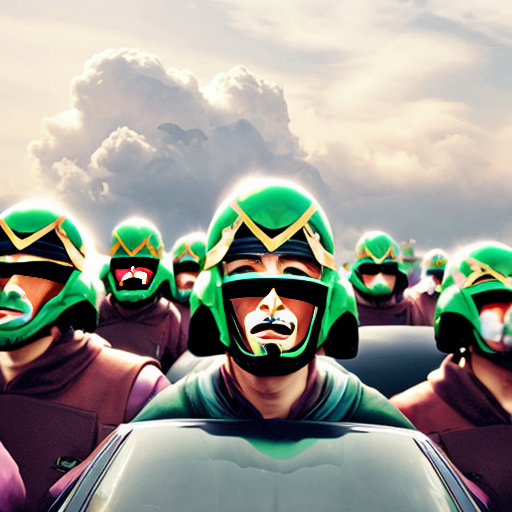 a mob of clone generals green helmets with front facing 4 golden stars on the brims unkempt white eye brows large white western mustaches multiple floating cloud shaped numbers 6 on the left of each clone multiple floating cloud shaped numbers 7 on the right of each clone advocating for safe driving practices with confetti