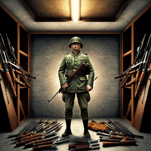 create ad image of a war collectionist full of weapons and kanonen