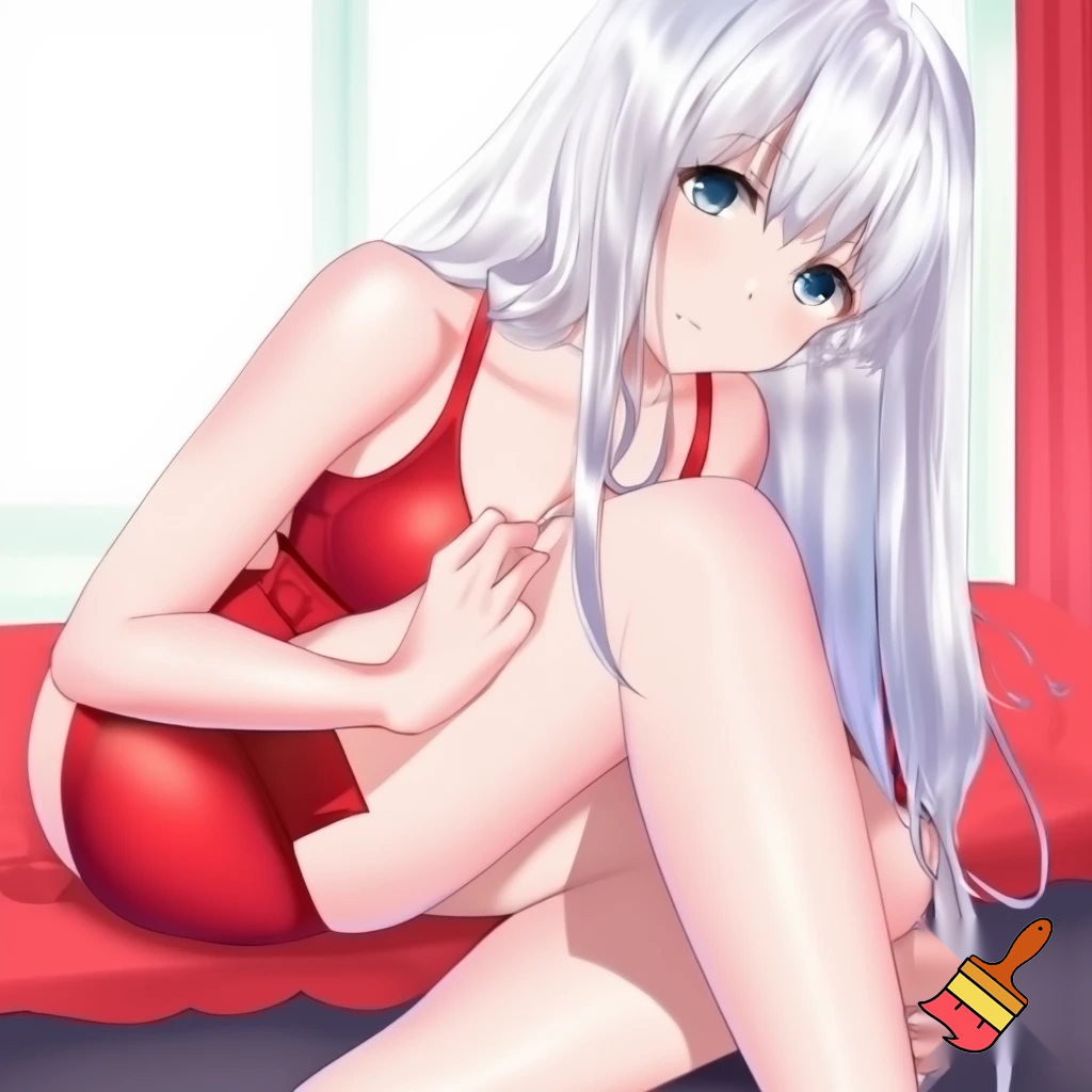 Anime girl 20 years old so cool and cute with red underwear clothes and tall white hair and her body is so white and shiny and do cool poses in white screen make it so anime