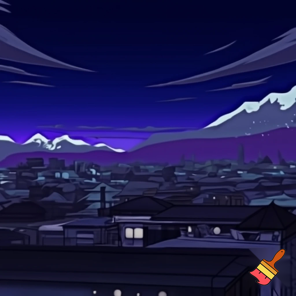 create a landscape background 



Style: anime teaser, a mix of cyberpunk, steampunk and ethno motifs (PUNKVERSE)



Palette: deep cool neon blues/purples + warm brass-copper range for steampunk elements + white-snow accents in the background.



Description: Almaty at night, view from the roof (transition from Scene 7), but now without characters. An empty landscape.



Action: Focus on the city.



Visual: A scene on the roof / generalized observation deck of the city.