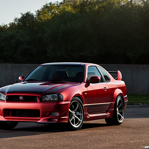 A Nissan skyline R34 and it's logo on the top left corner and the specifications and the top speed 