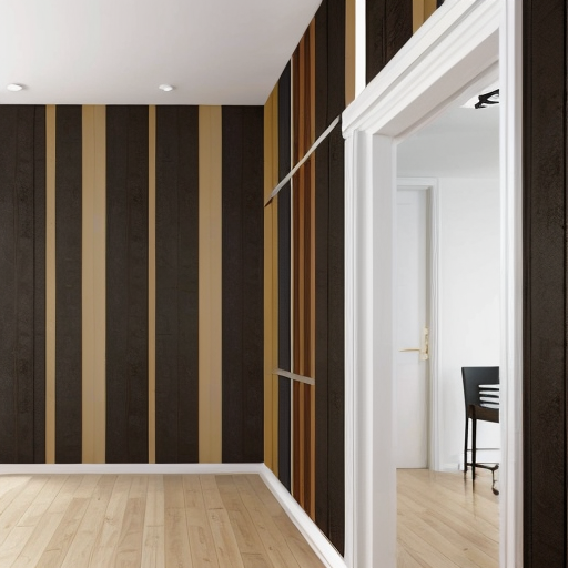 generate an interior picture of a room, with a 2.5-meter-long and 2.7-meter-high wall on the left, with 5 4-centimeter-wide pecan-colored boards on the left and right edges of the wall, and black wallpaper with gold-colored thin stripes in between. There is also a 60-centimeter-wide and 2-meter-high decorative panel with a floral pattern, and a 60-centimeter-wide and 2-meter-high mirror. the second wall begins with 50 cm of 4 cm wide pecked walnut-colored slats, followed by a 1.80 m long and 1.3 m high counter with a glass in the middle that is illuminated from the inside with yellow light, then 90 cm of slats that are pecked at regular intervals, and the wall ends with a door that matches the color of the counter. The third wall is covered with decorative plaster. Design this room in a modern and stylish manner.
