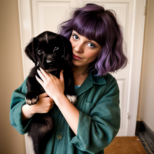 a girl with a whimsical eye and luscious purple hair baggy old green clothes and a puppy with blue fur