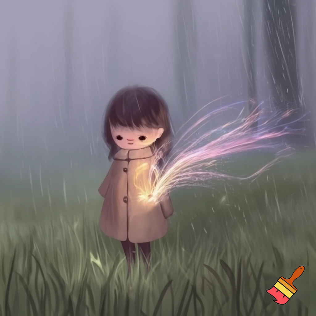 “Morning in the Mist”

A young girl named Sarah stands at the edge of a misty forest meadow on a rainy morning, coat buttoned to her chin. Beside her drifts a tiny glowing Fey, a spirit of light woven from wind and color. The scene feels calm, magical, and full of possibility; soft lighting, painterly children’s-book style, pastel palette, detailed fog and grass.