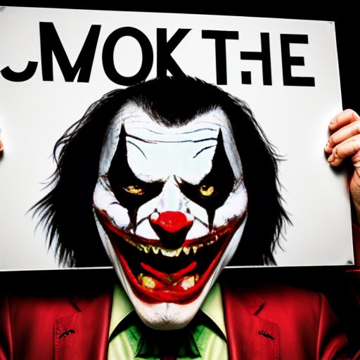 European rabbit, red glaring eyes, sharp teeth and fur, holding a sign, angry face, joker smile
