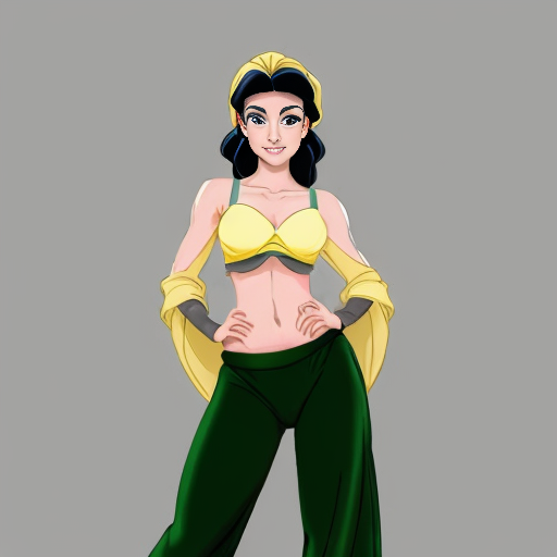 90's disney's 2d aladdin style comic black background and panels of panel 1 tiana with dark green harem pants and bra and curved slippers with both hand palms place together and hiding the bottom of her mouth with a dark green veil wrapped around her arms and attached to her head. 
panel 2 she danced with dark green harem pants barefoot with dark green bra and dark green curved slippers dark green veil wrapped around her arms and shoulders and raising legs and bounced up and down her belly and shook her hips left and right. 
panel 3 as tiana with dark green harem pants and bra and dark green curved slippers and spreading her arms, happily revealing her face to the viewer and giving a smile as she turns around shook her butt left and right. 
Panel 4 as tiana  with dark green harem pants and bra and dark green curved slippers started to fading away , except her belly, which is bouncing around. 
Panel 5 then the ball transforms into the fading in belly of snow white  with yellow harem pants and yellow bra and yellow curved slippers and a yellow veil wrapped around her arms and shoulders with her swaying her hips. 
Panel 6 snow white  with yellow harem pants, yellow bra, yellow curved slippers and yellow veil wrapped around her arms and shoulders gives a smile and winking her left eye 