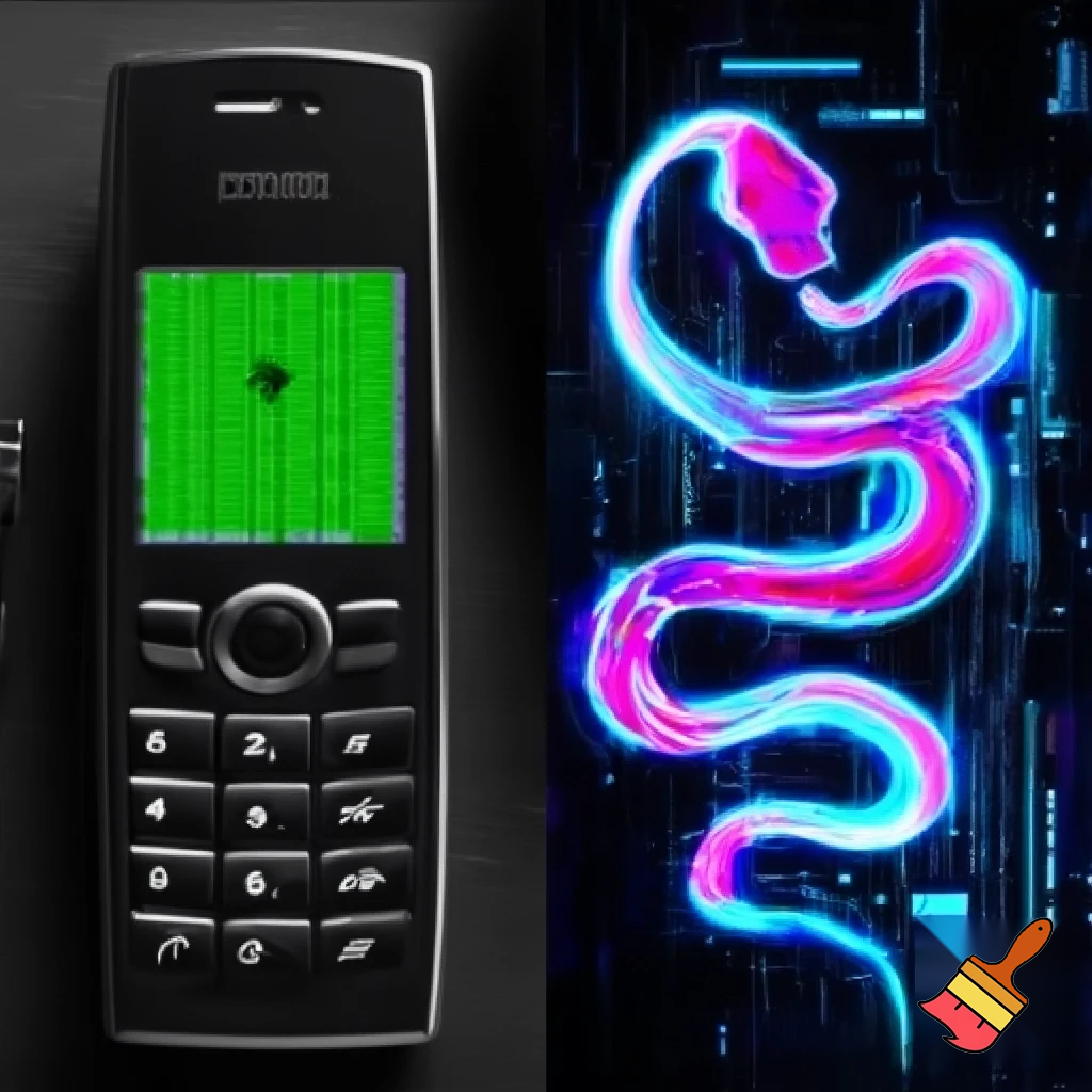 split-scene composition showing a transition from an old pixel-art Snake game on a vintage phone to a futuristic glowing AI snake wrapping around a real display board, cyberpunk style, vaporwave neon glow, nostalgic yet futuristic tone, 1:1, no text