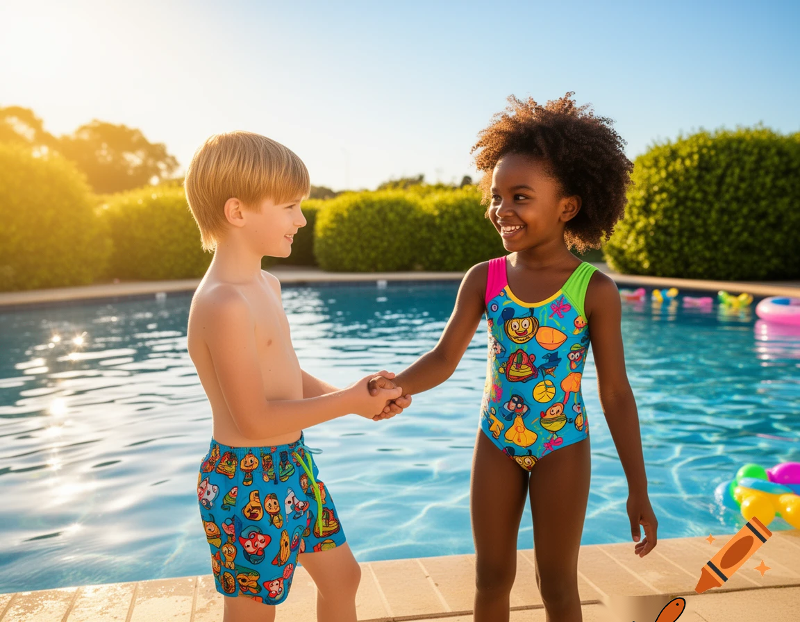 A wholesome scene suitable for children. A ten year old couple having fun on their first date. He is white and she is black. They are holding hands. She is wearing swimming trunks and he is wearing a one piece swim suit for girls. They are about to swim in the pool behind them.