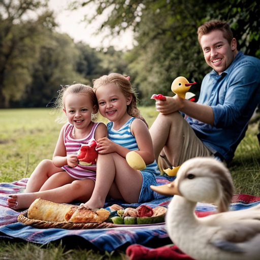 Two grown-ups, one big girl, little twin brothers Danny and Suzy and big sister's pet five little ducks having a picnic.