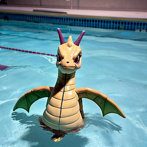 A dragonite wearing a tight blue speedo, swimming in a pool