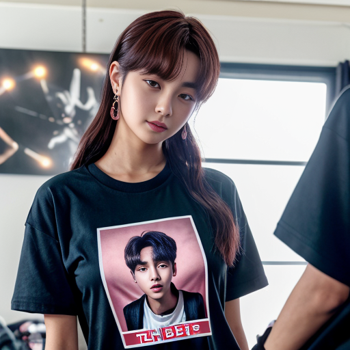 an girl hoding a bts bangtan bomb 
lightstick and has Neni written on her shirt
