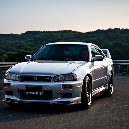 A Nissan skyline R34 and it's logo on the top left corner and the specifications and the top speed 