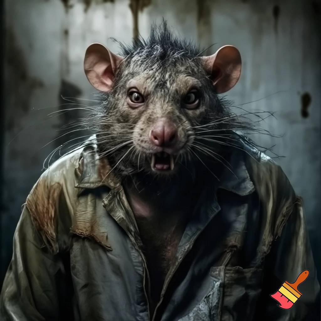 strong rat, evil, sinister, wearing prison outfit, mugshot style, no human

