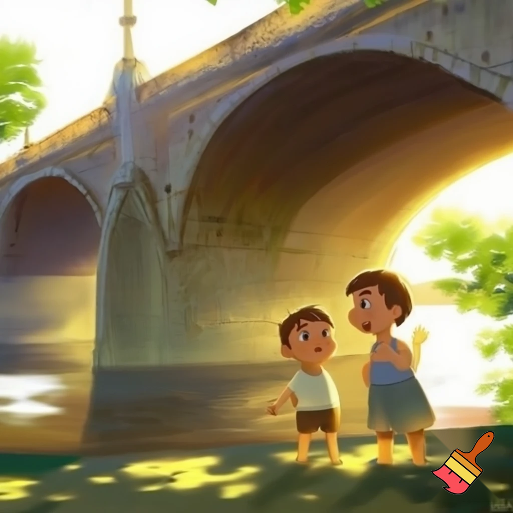 2 kids standing under a bridge in the sun