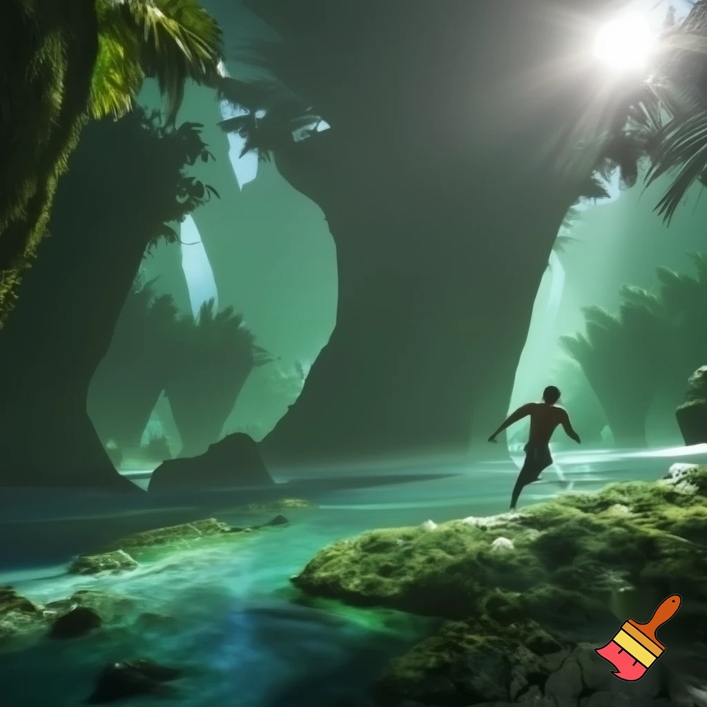 First glimpse of alien paradise — huge engineered trees humming, shimmering transparent rivers, empty paradise with no fauna, human-like figure rising above ground mid-leap (unexpected anti-gravity), dynamic motion blur, sunlight flares, cinematic wide shot, vivid greens and turquoise, high detail.

Settings / Steps:

Aspect ratio 16:9.

motion : levitating naked male muscular humanoid figuire

Lighting: intense backlight with rim highlights on foliage.

Keep environment lush but eerily empty.


Negative prompt: crowded scene, animals, text, low detail, childish style

Variations: quiet close-up on hand touching tree that hums, leaf-scale macro.
