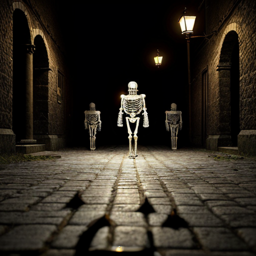 Scene 7 – Accused of Witchcraft
Image Prompt
Hyper realistic transparent skeleton surrounded by armored medieval guards pointing spears toward it, skeleton holding a glowing smartphone defensively, dark medieval street environment with torches casting dramatic shadows on cobblestone ground, cinematic lighting emphasizing the reflective bones.