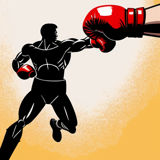 Editorial illustration in the style of official Unmatched board game card art, dynamic comic book style, rough pencil sketch texture, limited muted color palette with bold red accents only on the boxing glove, intense halftone shading -- A dynamic low-angle shot of a bright red boxing glove driving a devastating uppercut from the bottom of the frame straight upward into the chin of a completely black featureless humanoid shadow figure with no clothes, no facial features, no details, just a pure solid black silhouette, the red glove connecting hard under the shadow's jaw from below, the silhouette's head snapping violently backward and upward, arms flung limp, body lifting slightly off the ground from the force, impact burst lines radiating upward from the point of contact, Muhammad Ali's forearm and red glove entering from the bottom edge, white background with vertical speed lines shooting bottom to top, small sweat droplets flying upward, cel-shaded ink drawing, graphic novel cover feel, crushing rising power --ar 2:3 --stylize 250 --niji 6