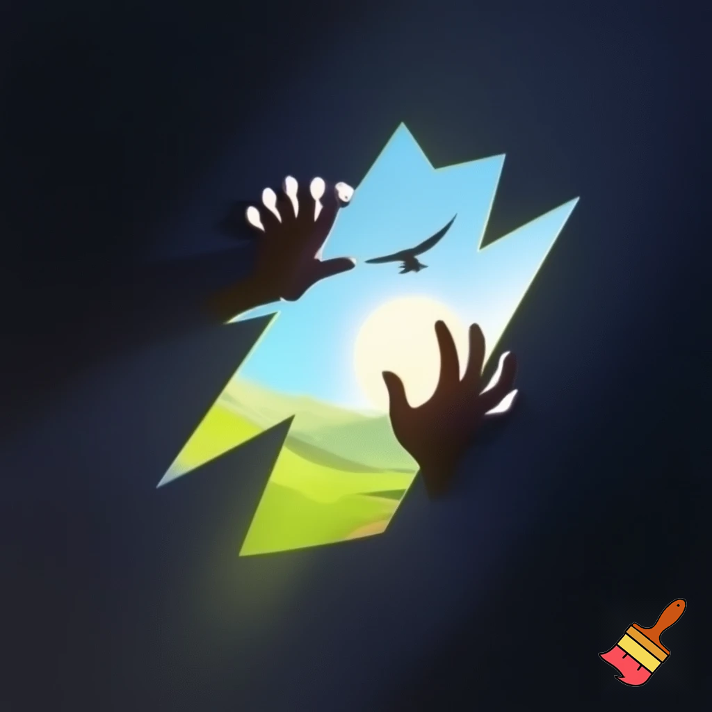Silhouette ouvrant un écran comme une fenêtre sur un paysage lumineux. Icône symbolique de liberté ou d’émancipation (oiseau, lumière, chemin ouvert).