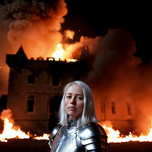 young, tall, white-haired woman in armor stands in front of a burning castle into which meteorites are falling.