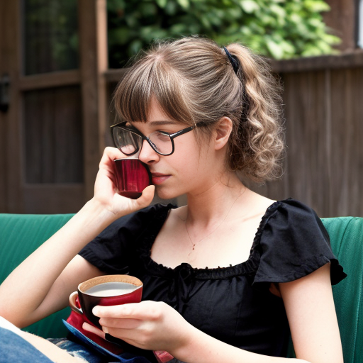 Wygeneruj dziewczynę czytającą książkę albo mangę. Dziewczyna ma brązowe, kręcone włosy do ramion i czarne okulary i bluzę (czarną albo szarą). Pije herbatę albo kawę. Może mieć luk. W tle jest magia. Obok niej siedzi fretka 