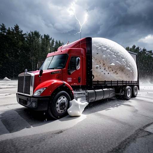 Semi-truck being crushed by giant hailstone