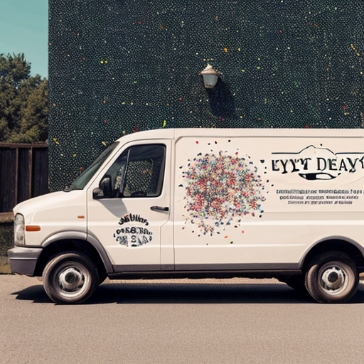 A white delivery van (side view) with full vehicle wrap design for "Тортик" bakery. On the side: large logo, the slogan "Сладость, объединяющая семью", phone number + website, and a playful graphic of scattered candy sprinkles in brown, cream and raspberry colors. The design is eye‑catching but clean, not cluttered. The van is parked on a sunny residential street. High resolution, realistic automotive mockup, bright daylight.