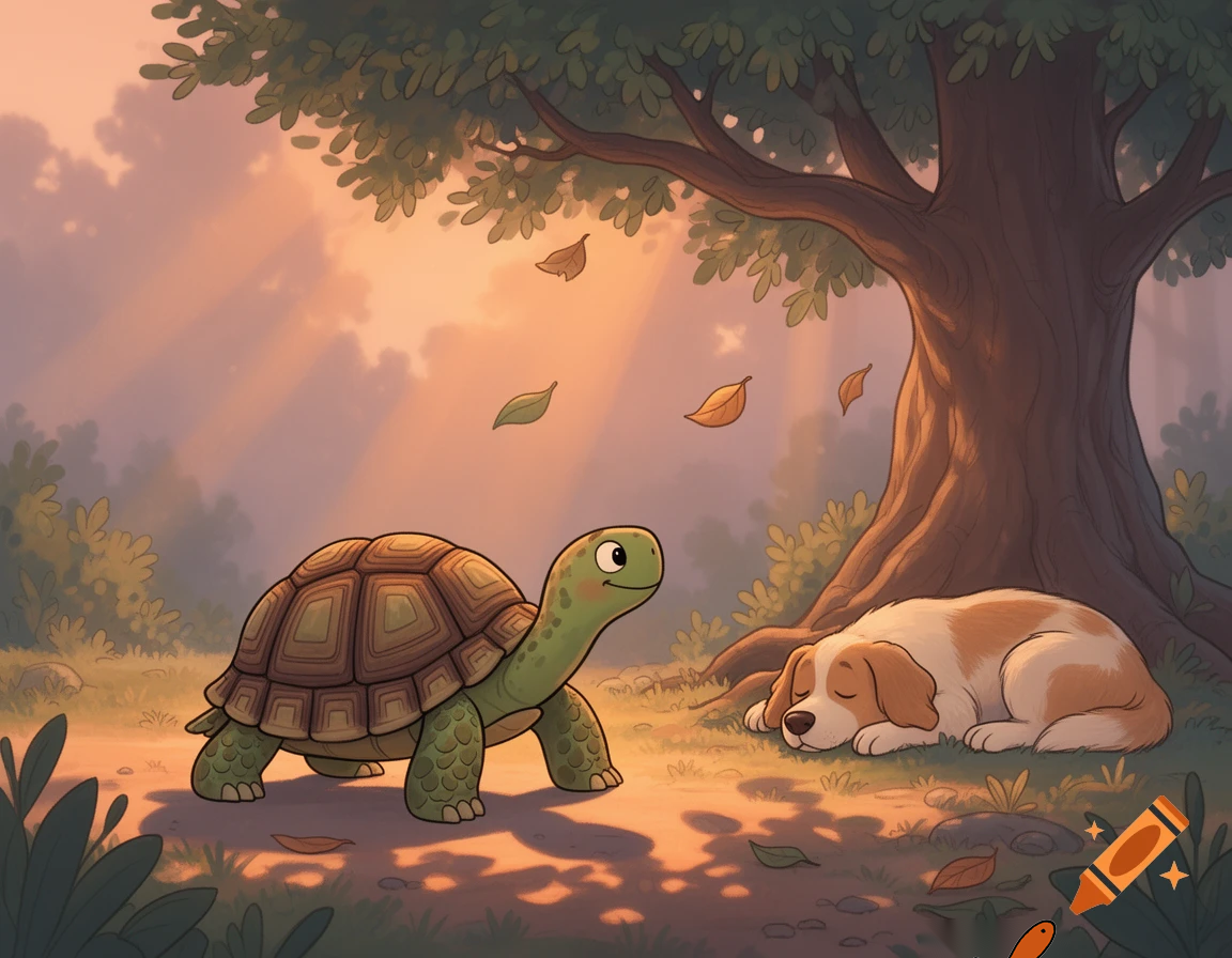 Turtle walking slowly and confidently while dog sleeping under a tree, evening light, peaceful cartoon scene, kids story style