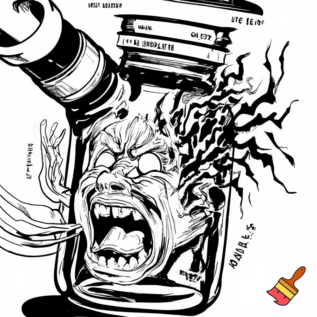 "A black and white diagram of a mason jar water pipe, with labels for 'MOUTHPIECE', 'DOWNSPOUT', 'BOWL HOLE', and 'MASON JAR'. The jar has an extremely angry, seething face with an open, shouting mouth, conveying intense, boiling rage that is trying to break free from the diagram's constraints."