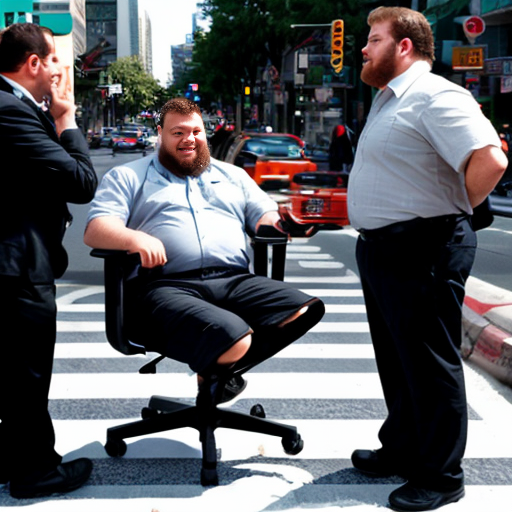 a large but not fat guy in an office chair. One leg is broken and extended horizontally into the seat of another office chair. The guy is sitting on a flat board that holds his leg between the two chairs. Each chair is being pushed by a friend. The group is crossing a crosswalk amidst busy city traffic.
