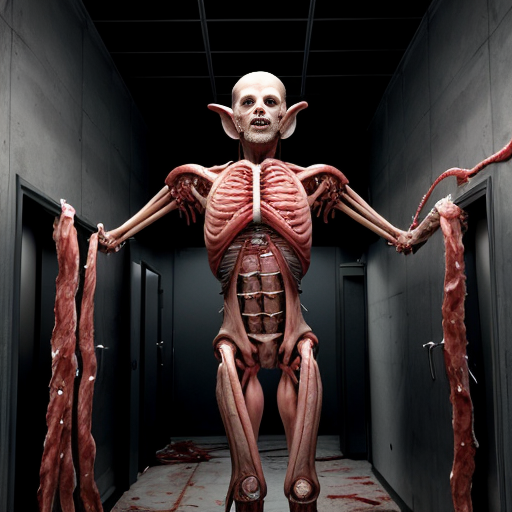 Hyperrealistic forensic/body-horror photograph, ultra-detailed 8k cinematic still, industrial meat-processing corridor or abandoned surgical facility with bright harsh fluorescent overhead lights and cold blue-white glow, reflective stainless steel walls and grated metal floor covered in pools of congealed blood and viscera, thick clusters of organic fleshy tubes/pipes (veiny meat tentacles fused with rusted metal pipes) running along ceiling and walls dripping blood and slime, central figure is a massive grotesque biomechanical abomination fused to a metal chair/gurney, humanoid torso with pale waxy skin split open exposing raw red muscle cavities and exposed organs, screaming open mouth with elongated jaw, multiple crimson fleshy tentacles/horns/antlers sprouting from head like parasitic growths, foam/froth around mouth and neck, lower body grotesquely elongated and segmented like stitched-together limbs wrapped in bloody ropes/cables, open abdominal cavity revealing nested smaller fleshy mutant forms inside, surrounded by rows of glass/metal-framed enclosures on both sides containing dozens of smaller deformed humanoid mutants, flayed skinless bodies, tumorous growths, missing limbs, exposed muscle and bone, all in various states of mutilation and fusion to pipes/walls, blood splatters, meat chunks, pus, and bodily fluids everywhere, wet glossy textures, realistic skin pores veins capillaries glistening moisture, practical special effects makeup style, shot on Arri Alexa 65 with 50mm anamorphic lens, shallow depth of field sharp focus on central abomination's face and torso, volumetric god rays through fog and steam, HDR, grainy 35mm film emulation, raw documentary horror style, no cartoon stylization, pure photorealism --ar 16:9 --stylize 100-150 --q 2 --v 6 (adjust params for your generator)