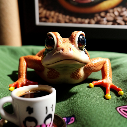 A hillarious, funny boho toad with some hippie colored coffee cups. Psychedelic decorated background, hyperrealistic. Close-up view.